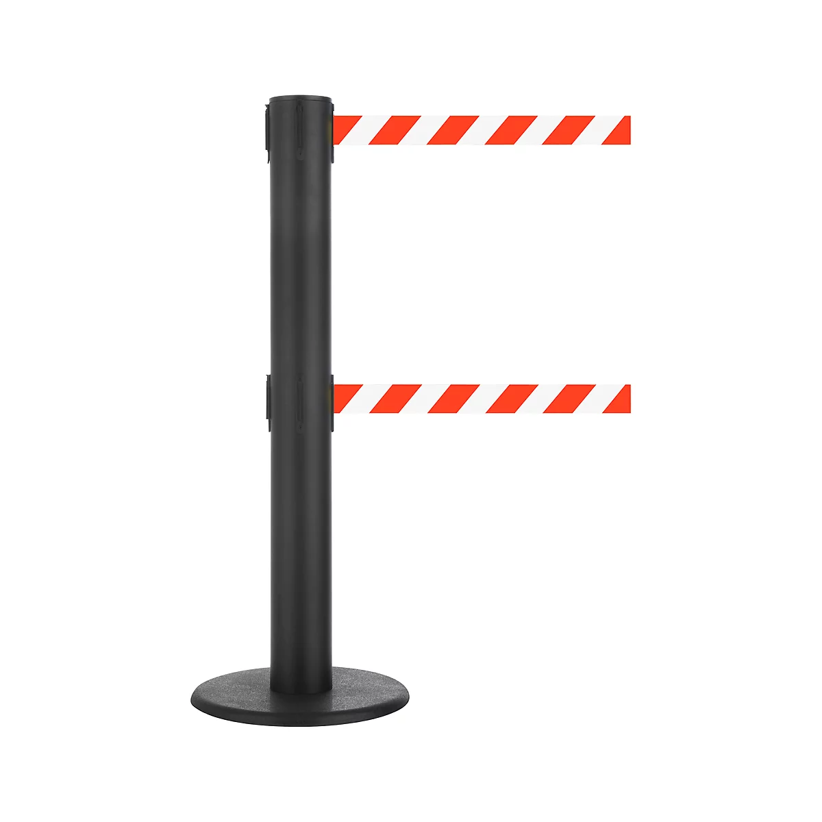 A black stanchion with two red and white striped bands. The stanchion has a round base.