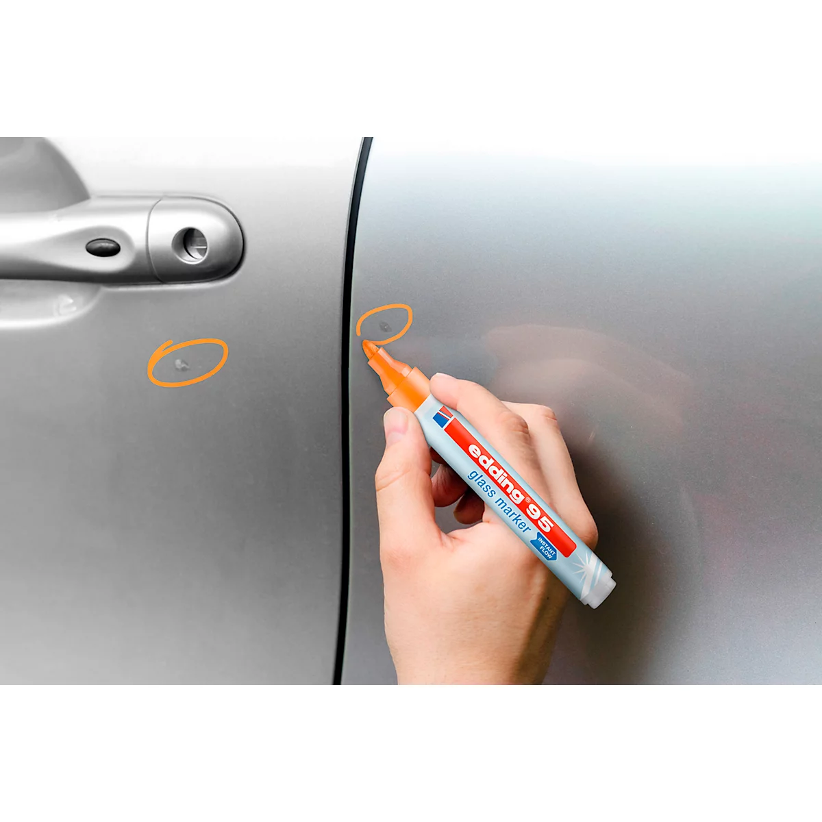 Glasmarker edding 95, voor glazen oppervlakken &amp; whiteboards, lijndikte 1,5-3 mm, ronde punt, set van 4, zwart, lichtblauw, roze en oranje 