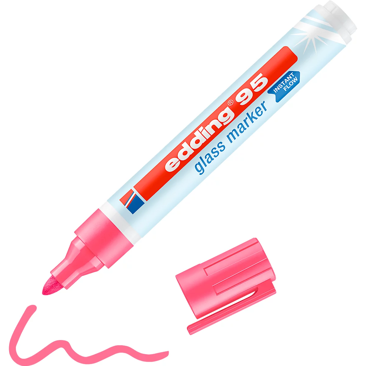 Glasmarker edding 95, voor glazen oppervlakken &amp; whiteboards, lijndikte 1,5-3 mm, ronde punt, set van 6, zwart, wit, geel, oranje, roze, lichtblauw
