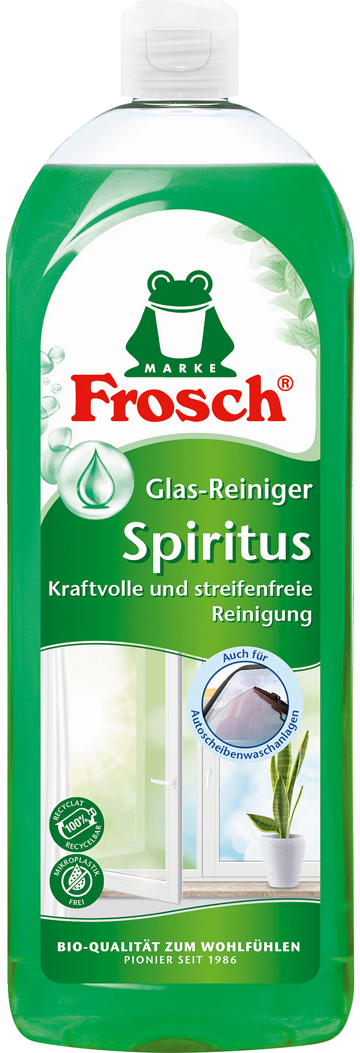 Glasreiniger Frosch Spiritus, grün, Flasche mit 750 ml o. 1 l