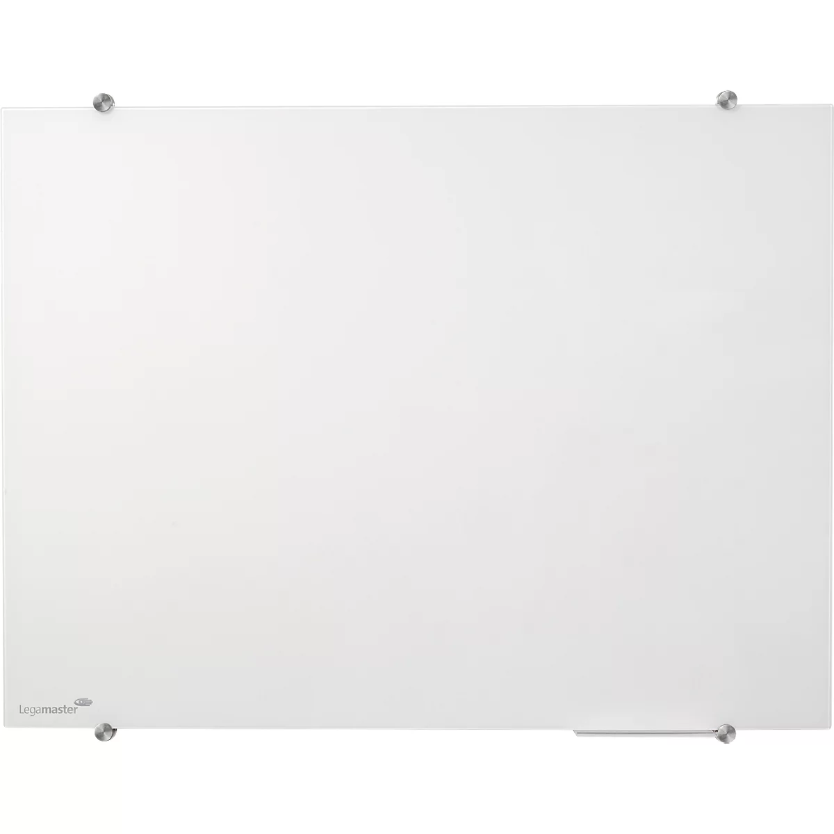 White glass whiteboard with silver fixings. Text on bottom left.