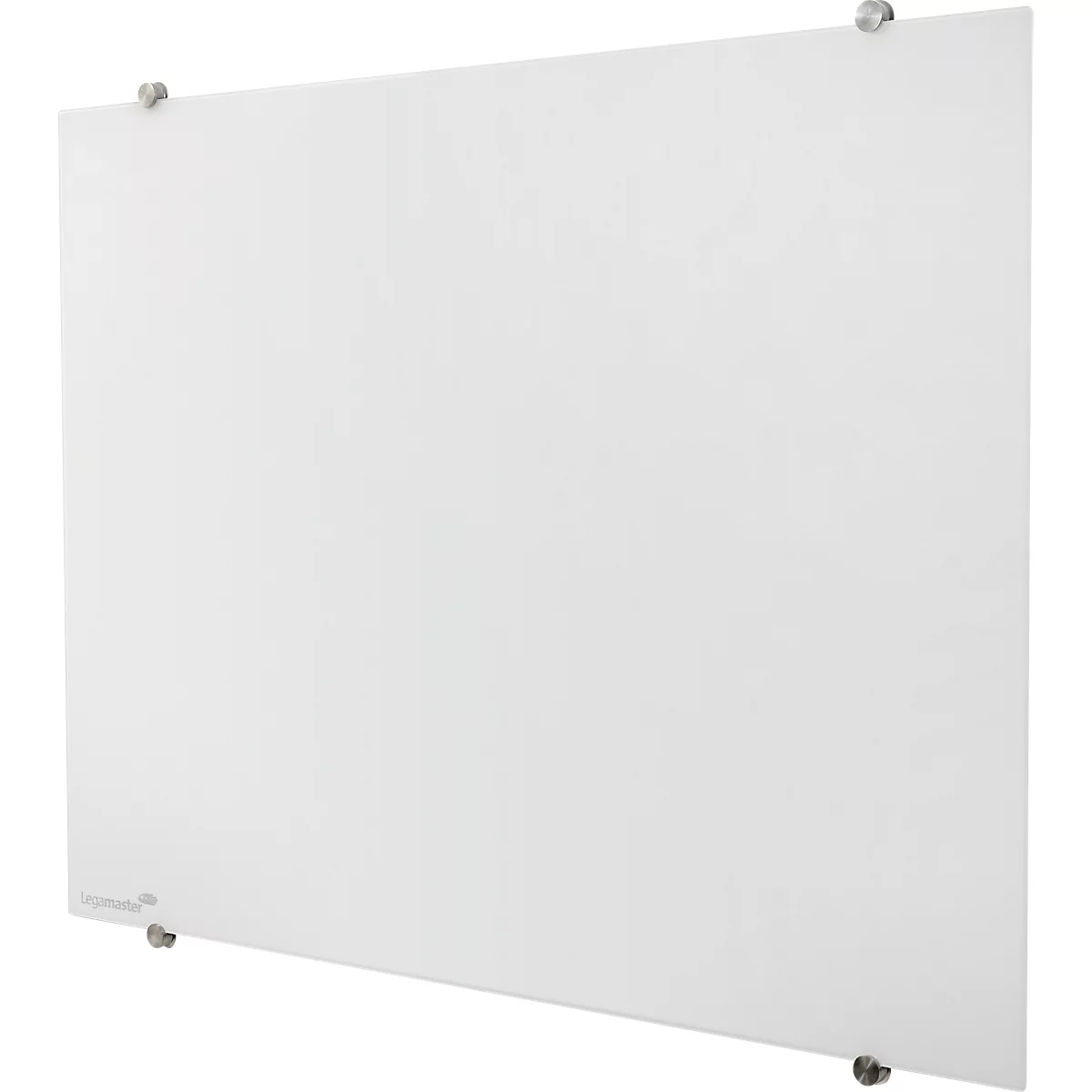 White glass magnetic board, mounted on the wall. It is held by 4 silver brackets.