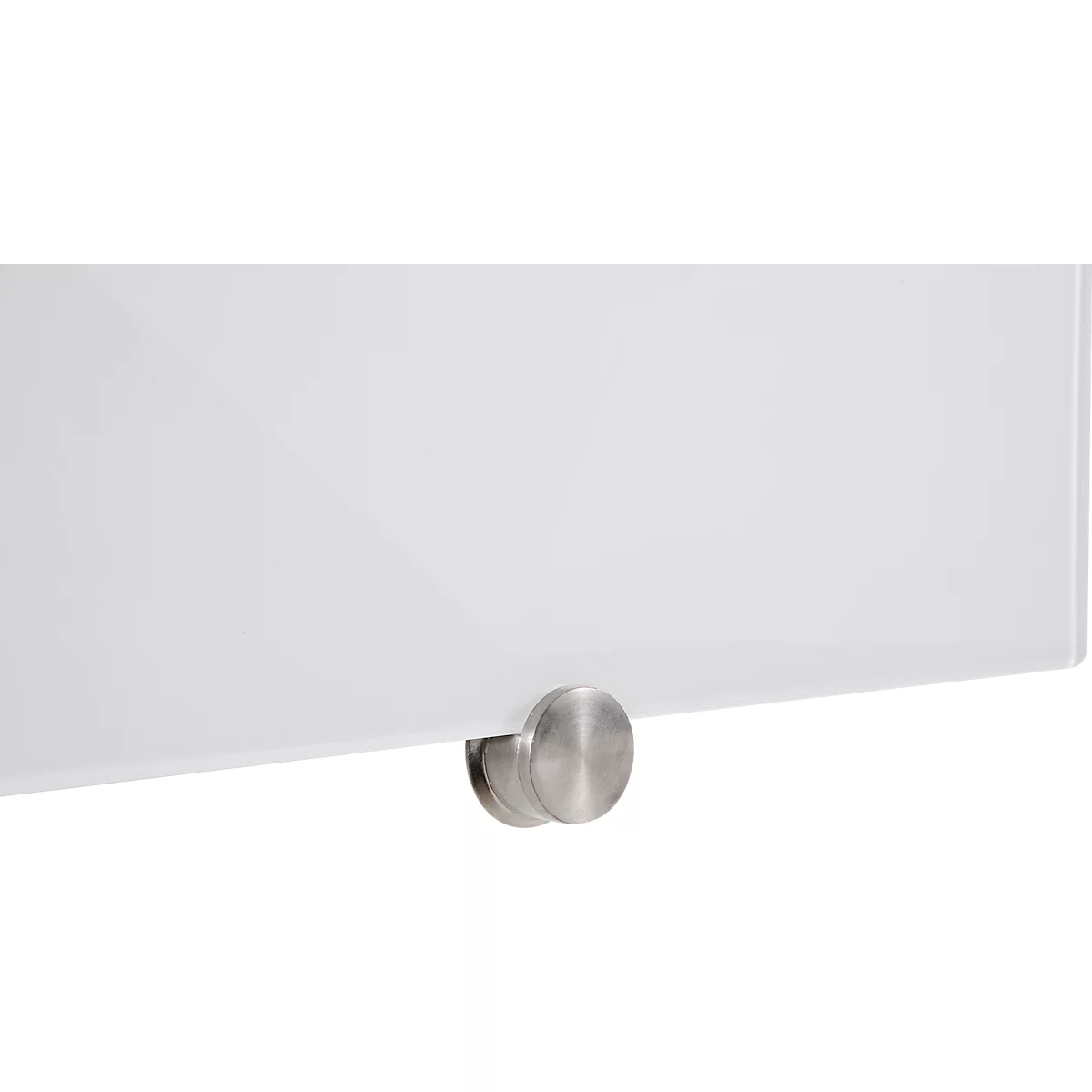 Close-up of a glass panel with metal bracket. The glass panel is white, and the bracket is round and silver.