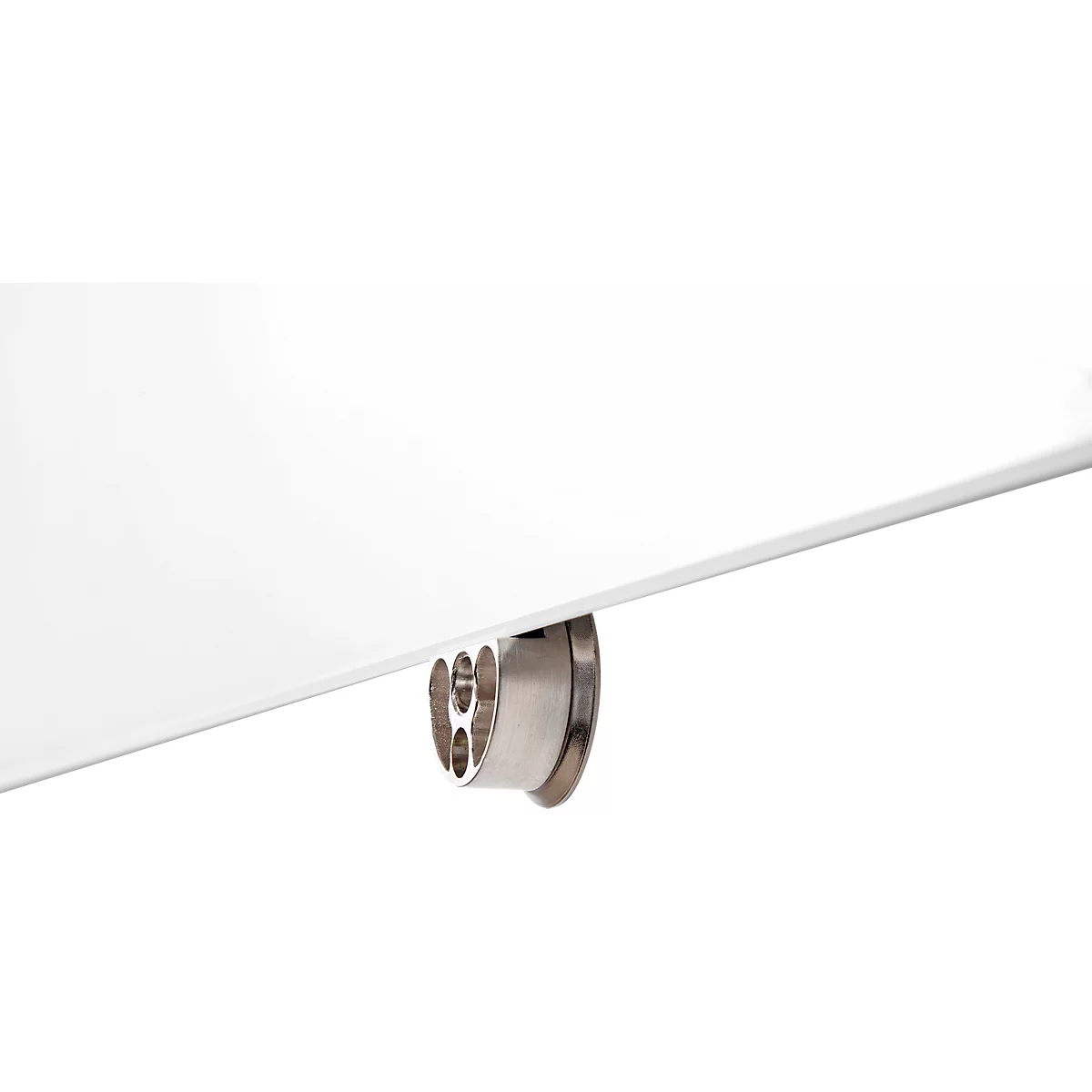 Close-up of a white wall panel held by a metal bracket.