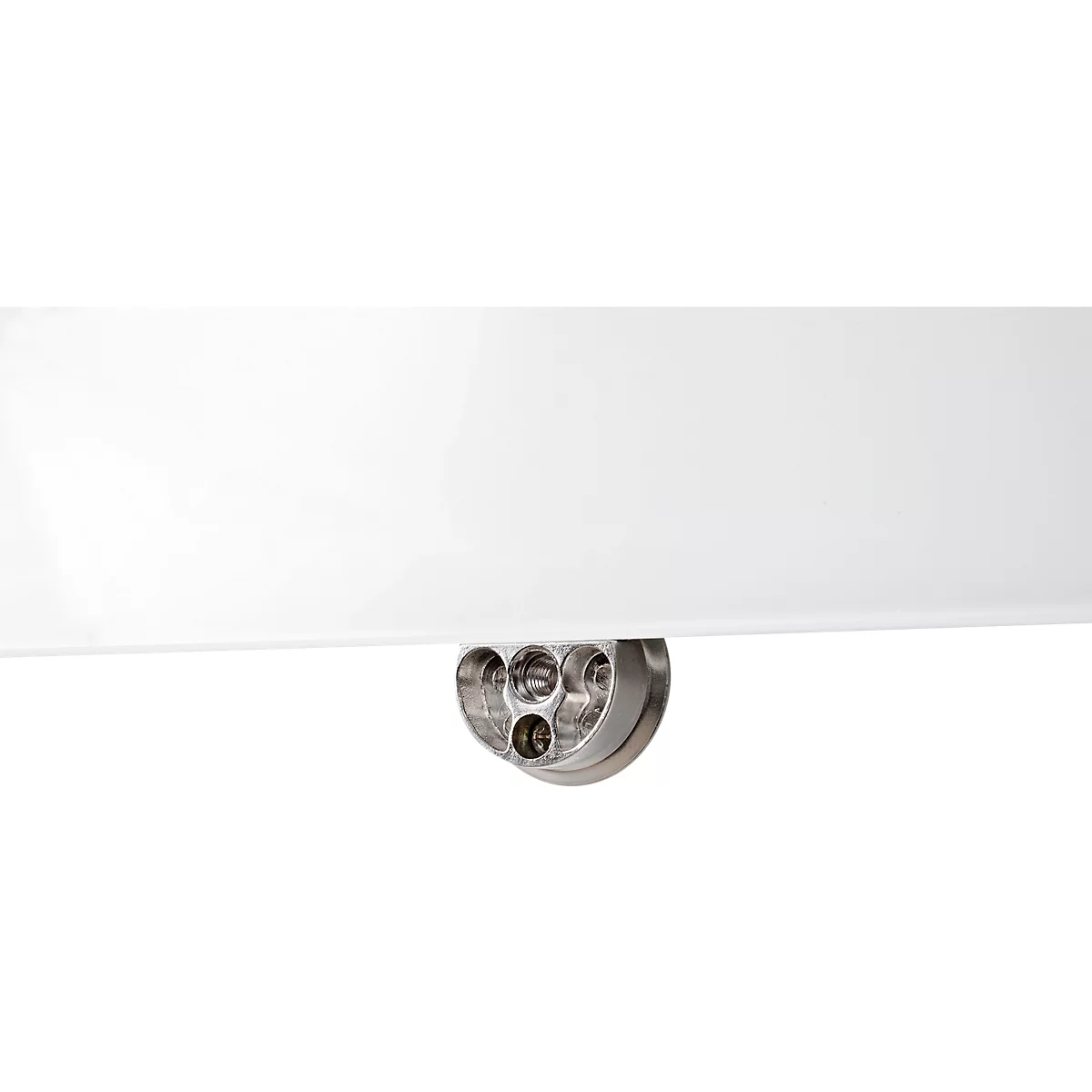 Close-up of a white lamp with metallic accents. Below the lampshade is a round, metallic fitting with several openings.