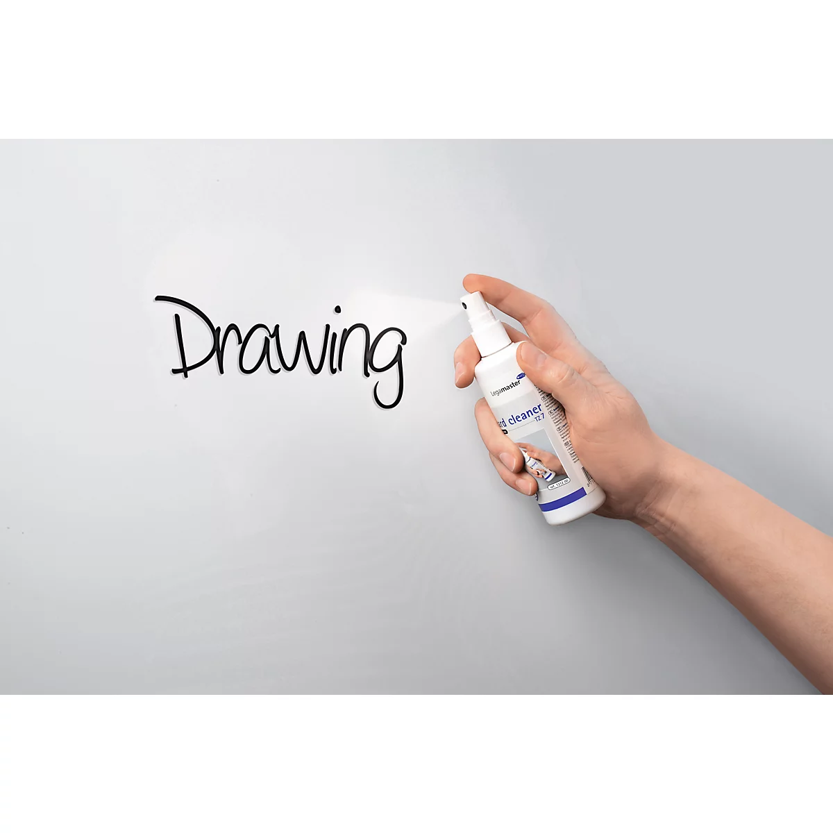 Hand sprays cleaner on board with the word 'Drawing'.