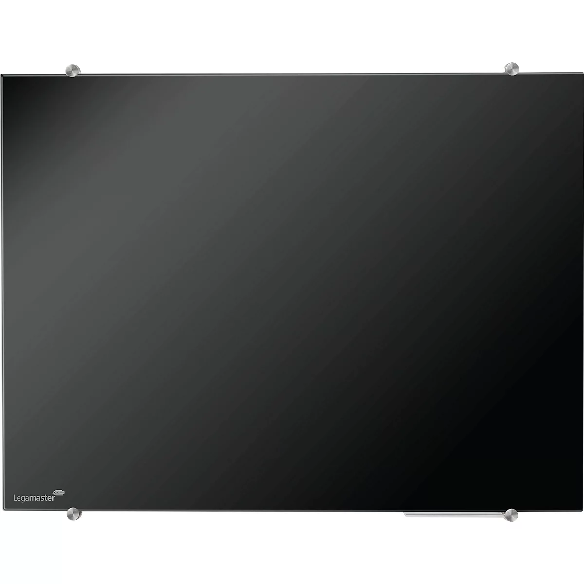 Black glass whiteboard with metal holders in the corners.