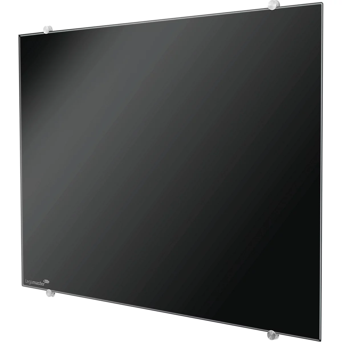 Black glass heater, mounted on the wall, with brackets. The frame and brackets are silver. Small logo in the lower corner.