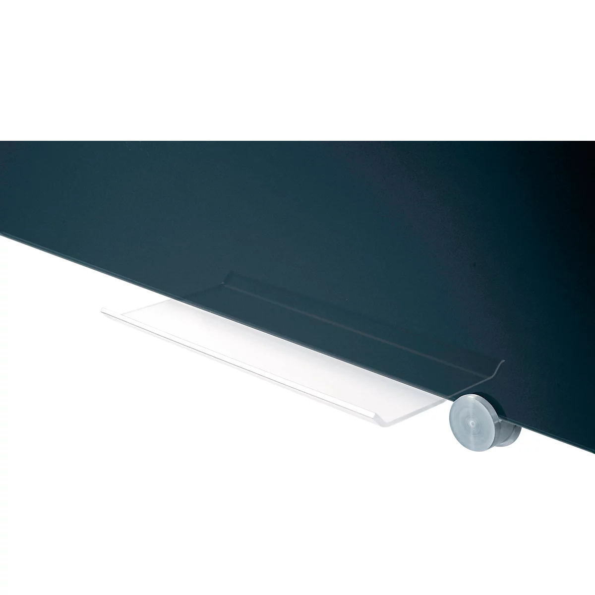 Close-up of a dark blue table edge with a transparent bracket and a metallic foot.