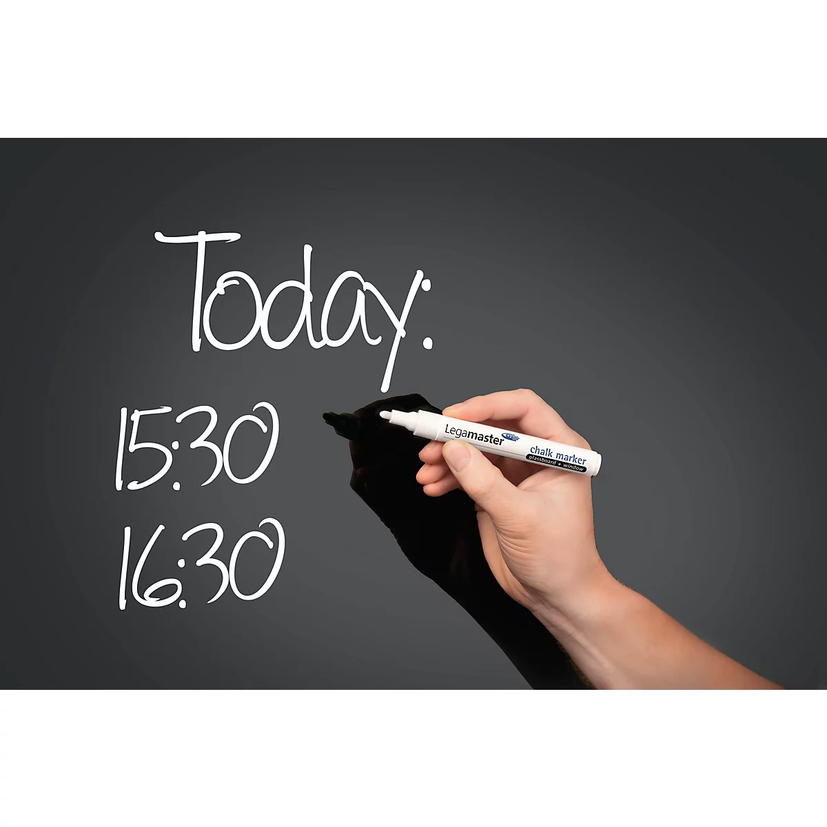 A person is writing the words "Today", "15:30", "16:30" on a grey board with a white pen.