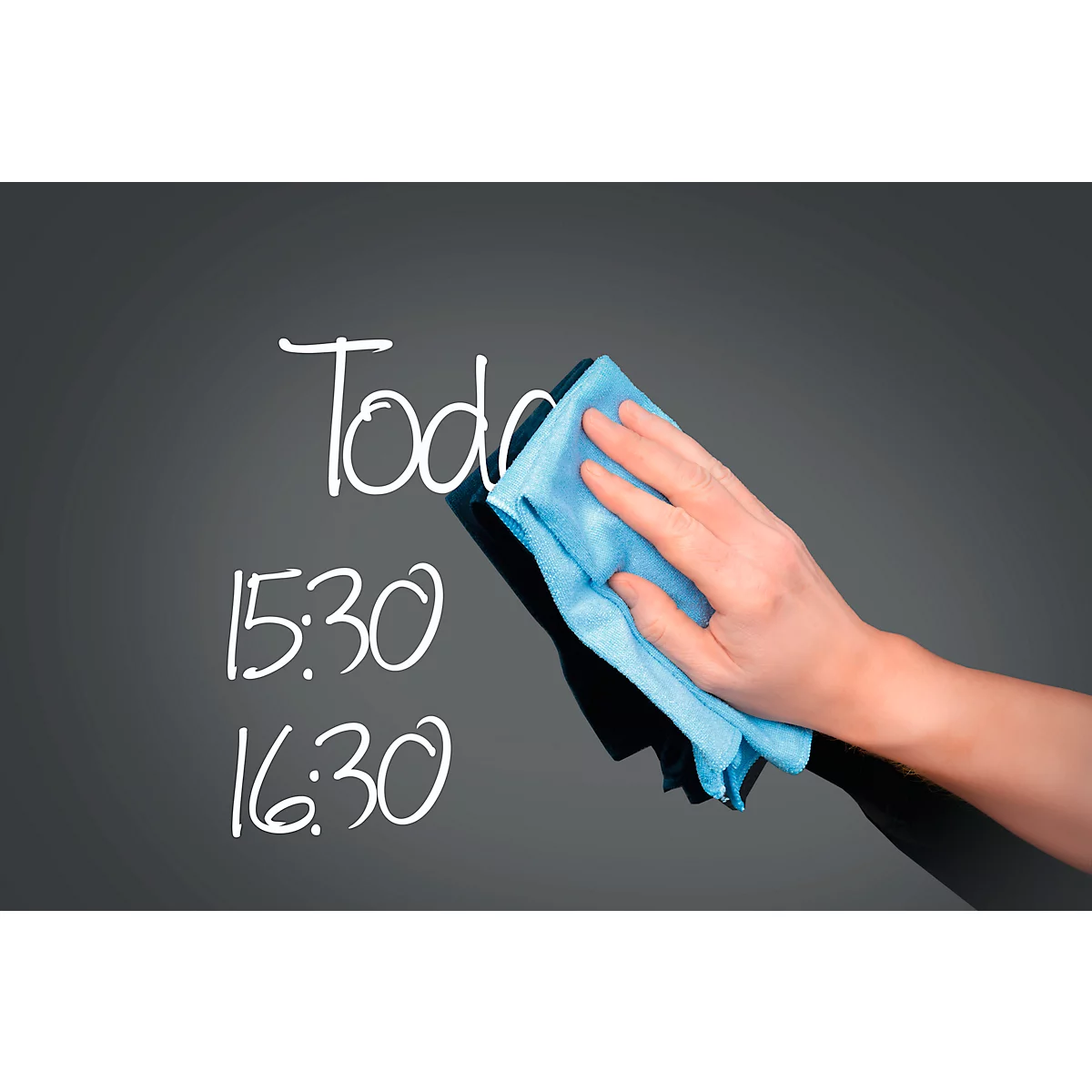 Hand wiping "To-Do" and times with blue cloth from dark board. Concept: setting goals.