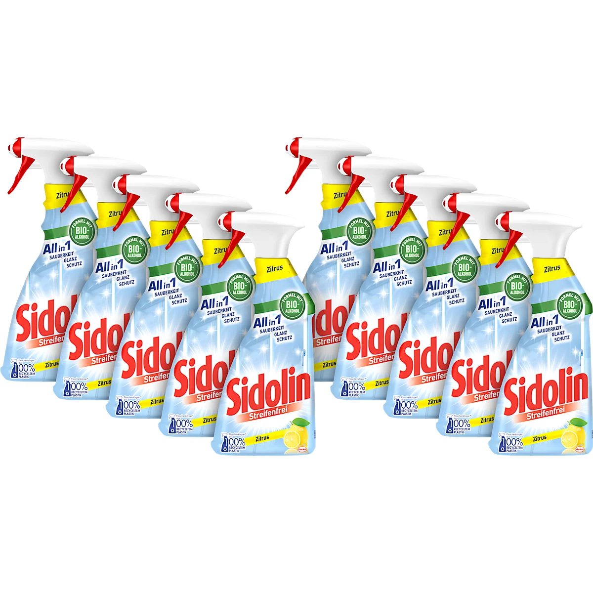 Ten bottles of Sidolin All-in-1 glass cleaner arranged in a row, featuring a light blue spray nozzle and yellow labeling.