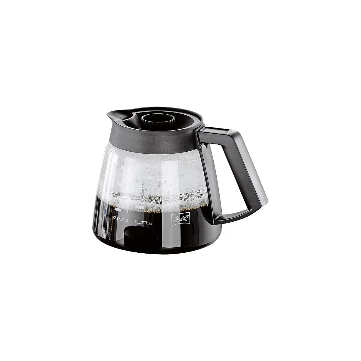 Glass coffee carafe with black lid and handle, filled with coffee, Melitta logo.