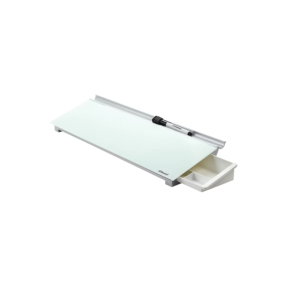 White glass desk shelf with pen and drawer, silver frame. The drawer has two compartments.
