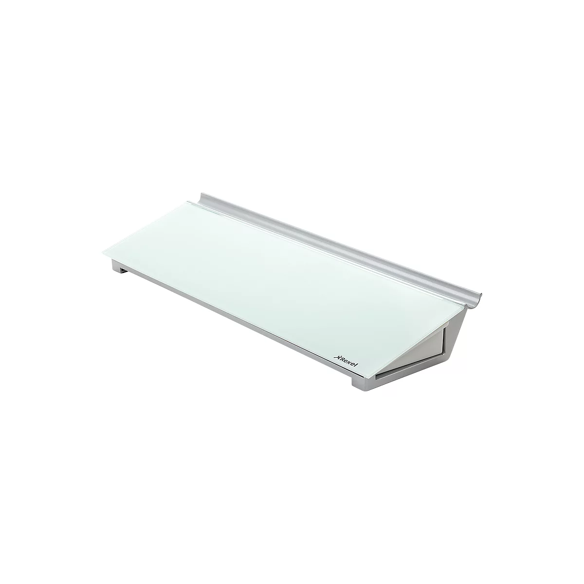 White, rectangular whiteboard, silver frame, diagonal stand, "Rexel" inscription.