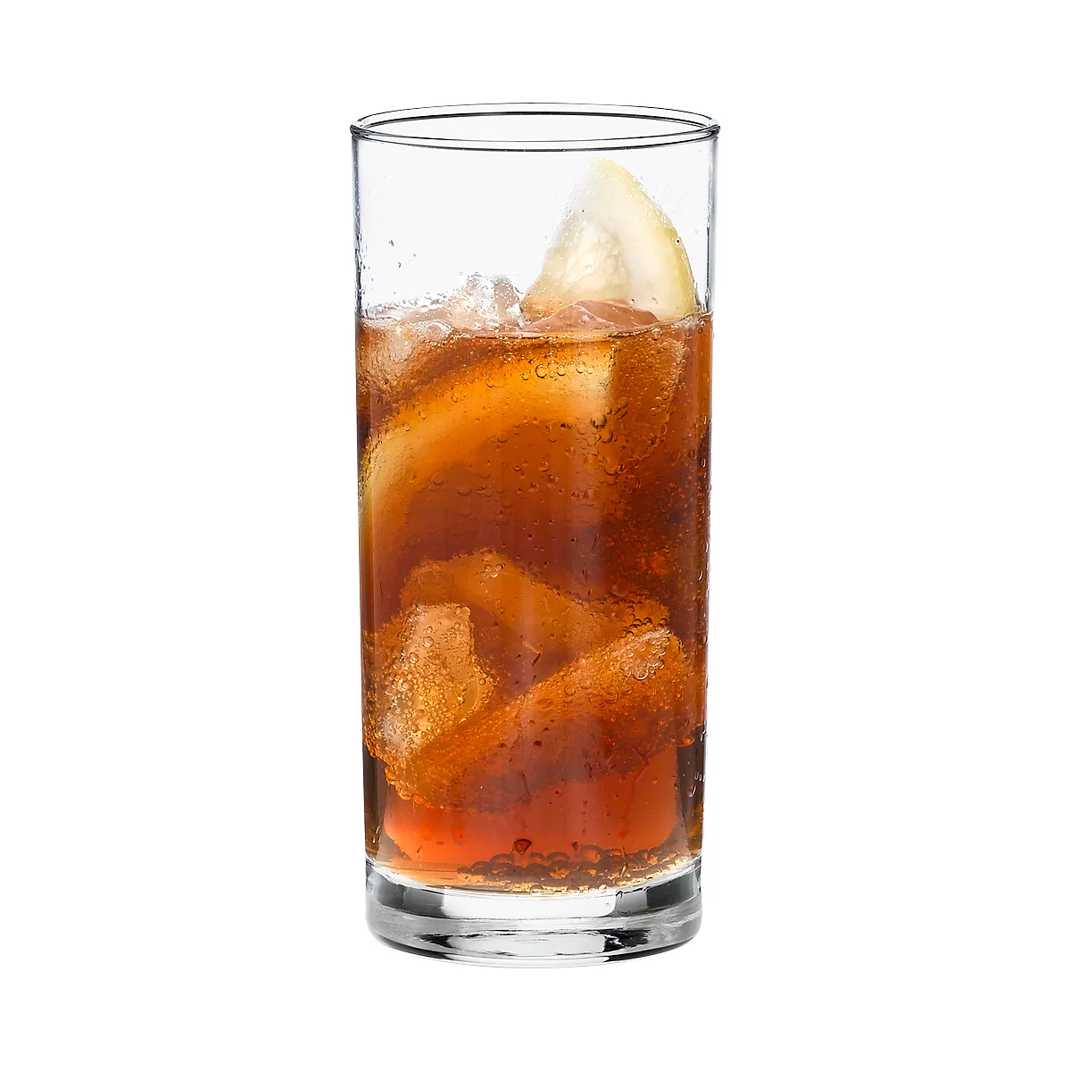 A highball glass with ice cubes, a lemon slice and a dark drink.