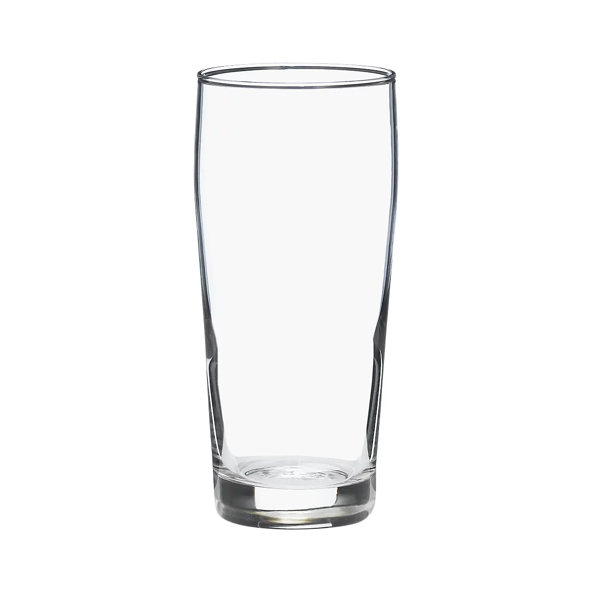 An empty, clear glass against a white background. The glass is cylindrical with a slightly flared rim.