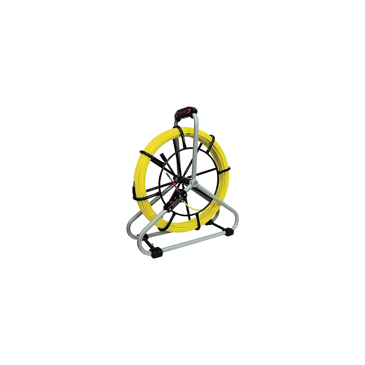 Geel kabel op een kabelhaspel met een zwart en grijs frame.