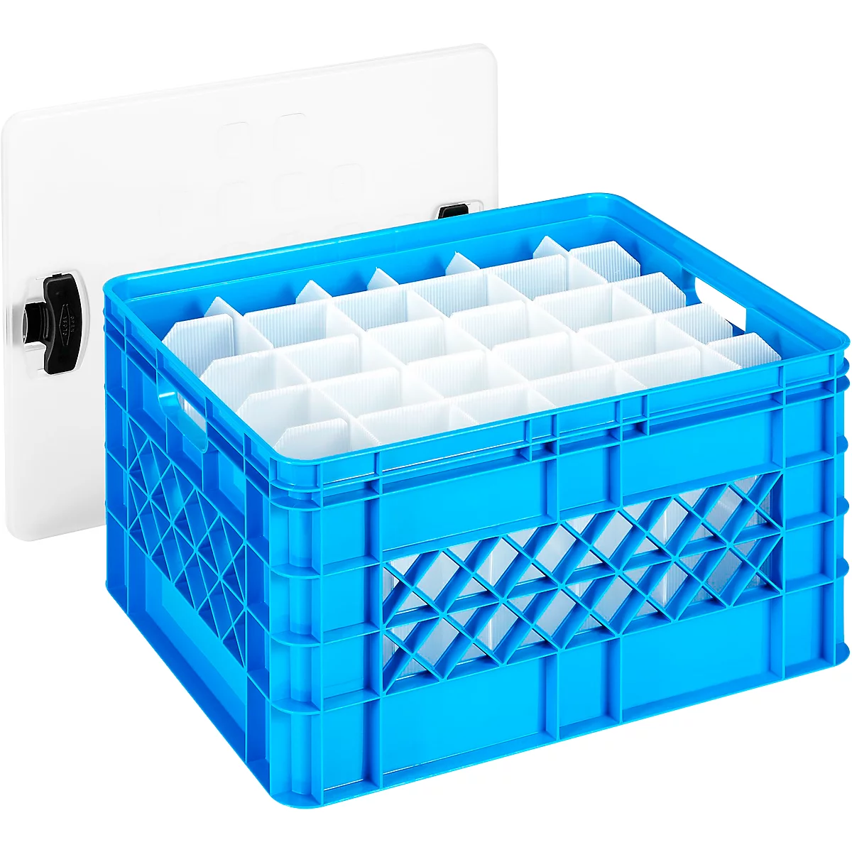 Glazenkrat Sunware Square, incl. deksel en inzet, blauw, 52 l, voor 30 glazen