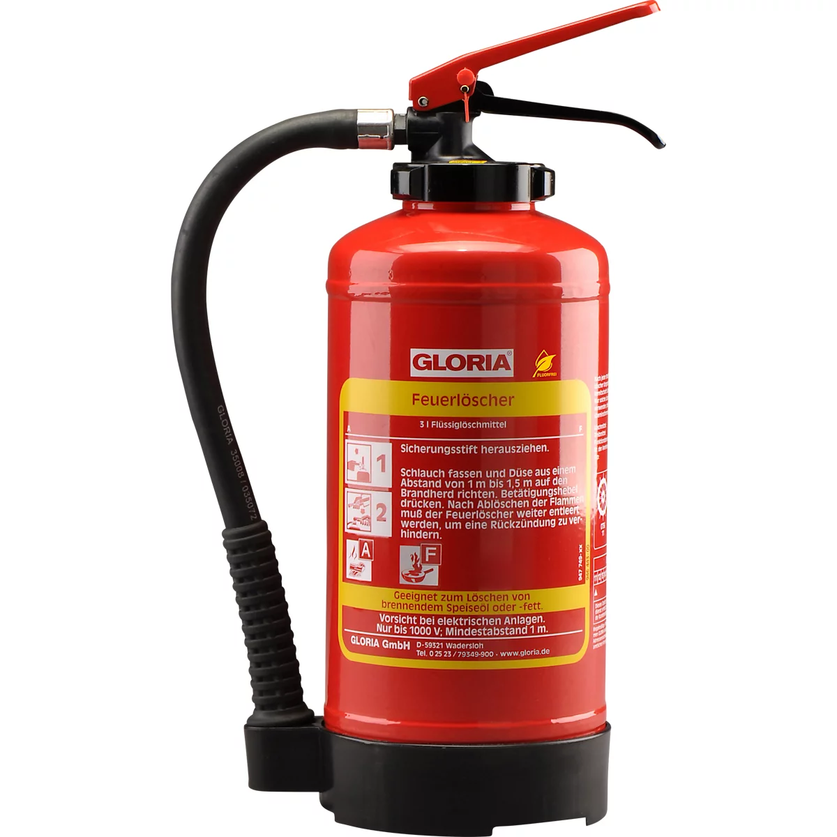 Gloria FA3EASY oplaadbare vetbrandblusser, 3 liter, 30 sec. sproeitijd, vorstbestendig tot -5 °C, met muurbeugel, voetring, rood