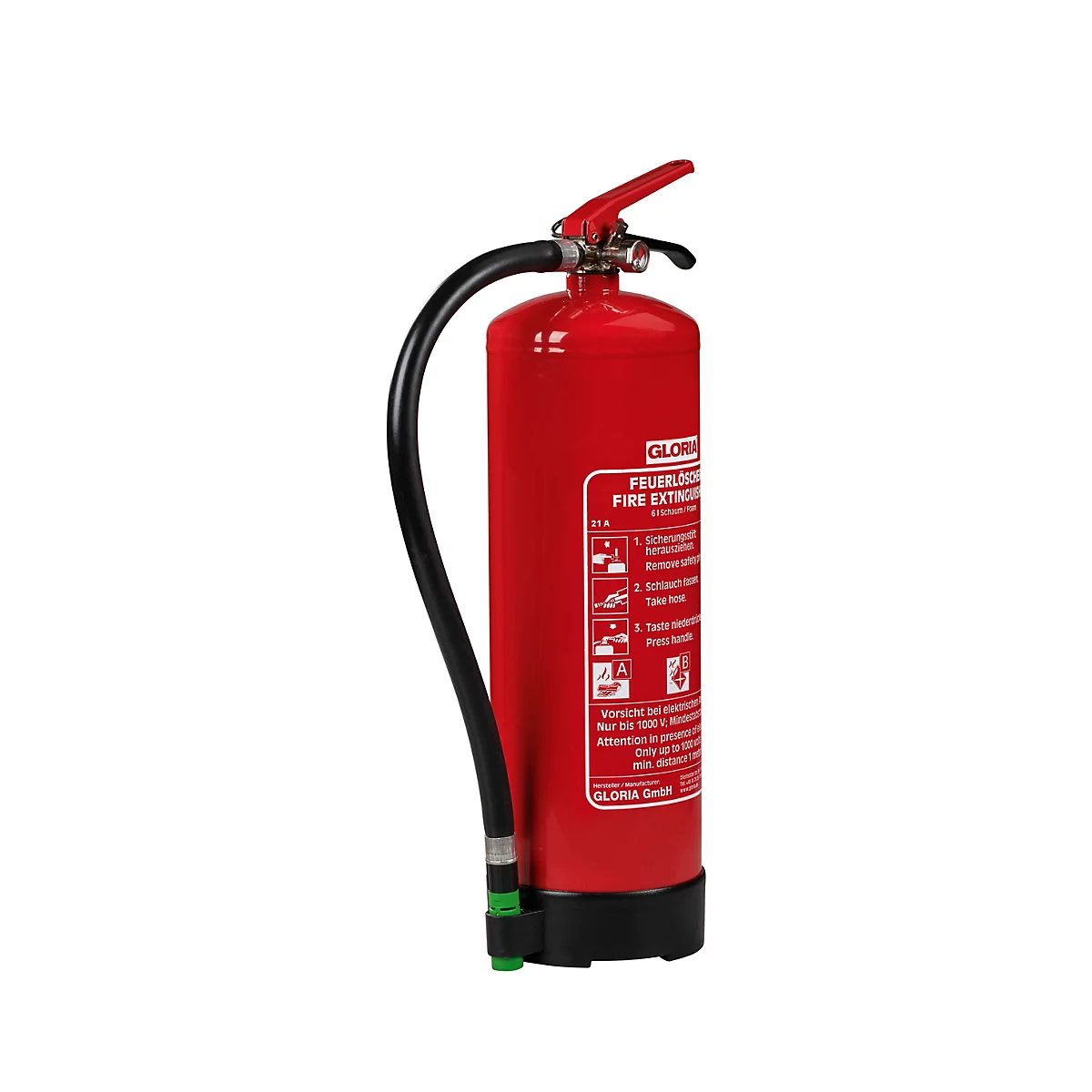 Roter Gloria-Feuerlöscher mit schwarzem Schlauch und Bedienungsanleitung auf weißem Hintergrund.