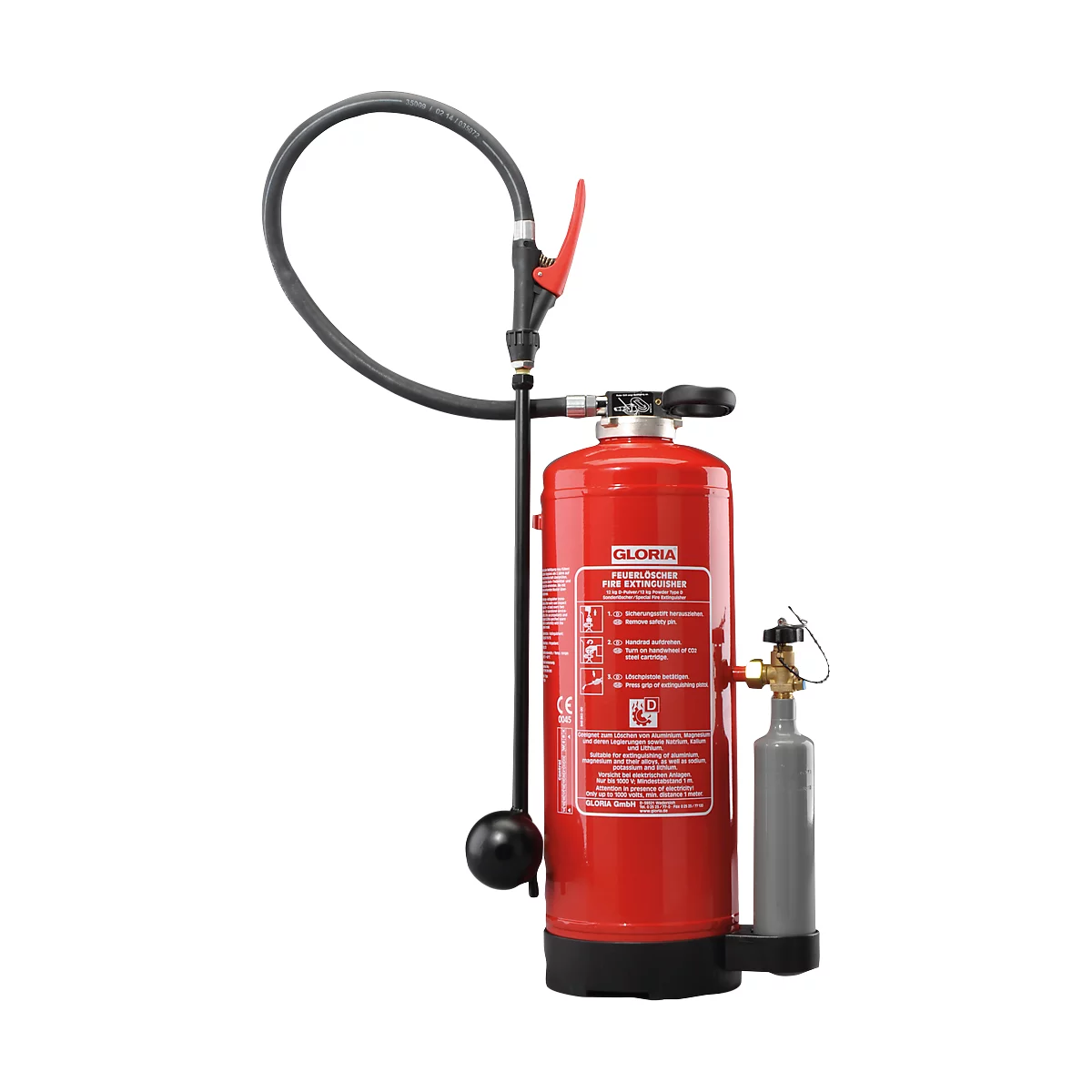 Red fire extinguisher with black hose, red handle, and silver nozzle. "GLORIA" inscription and pictograms.