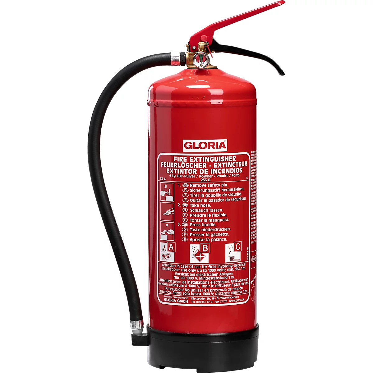 Red fire extinguisher, black hose, red handle, with the text 'Gloria'.