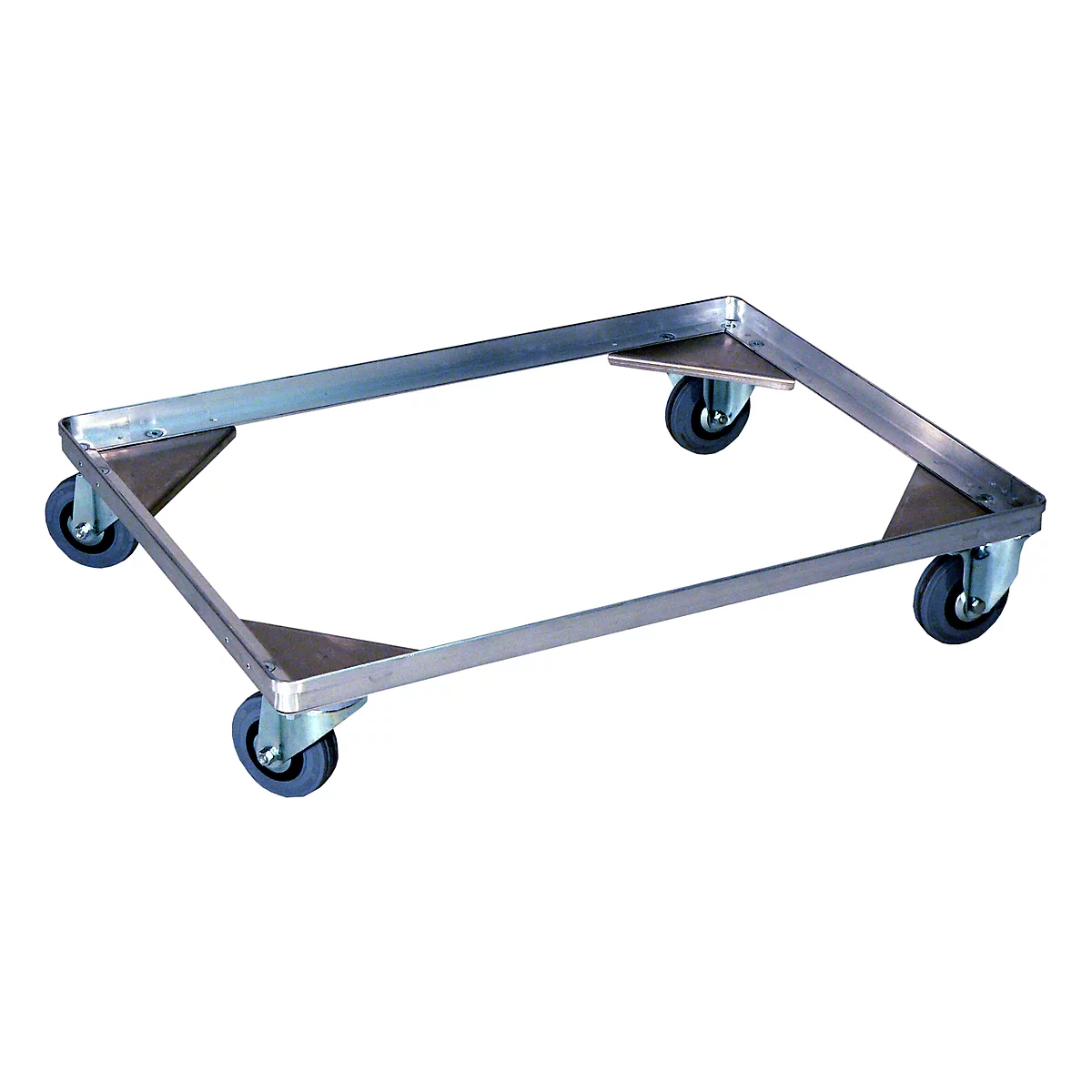 Cadre métallique sur roues. Construction angulaire, quatre roues, pour le transport d'objets.