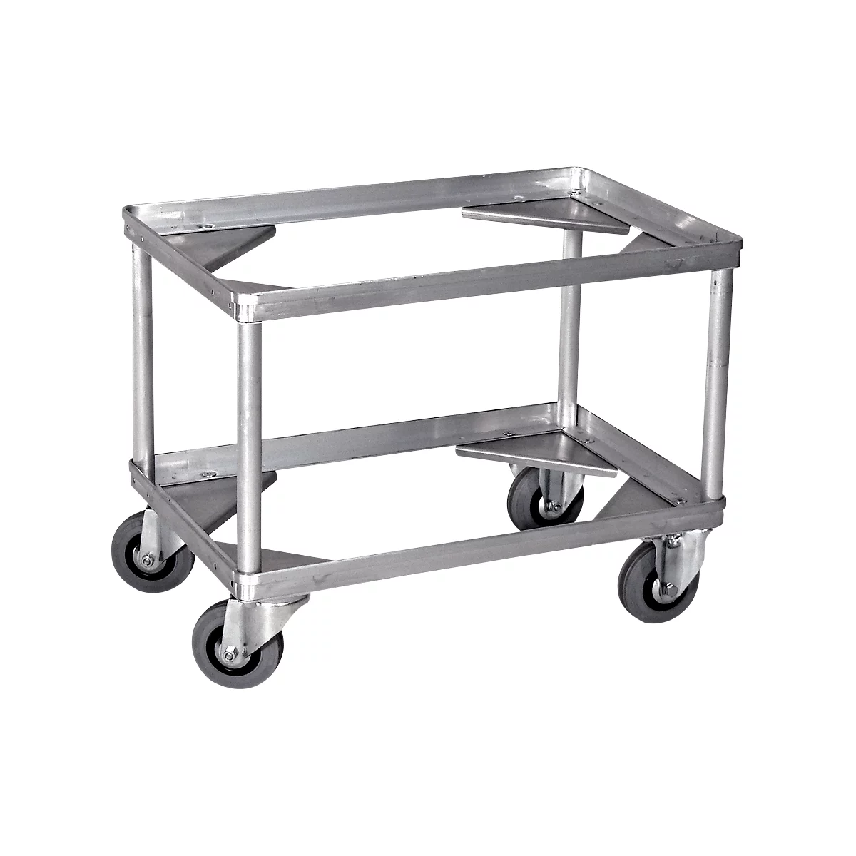 Metalen kar met wielen, hoekige constructie, grijze wielen.