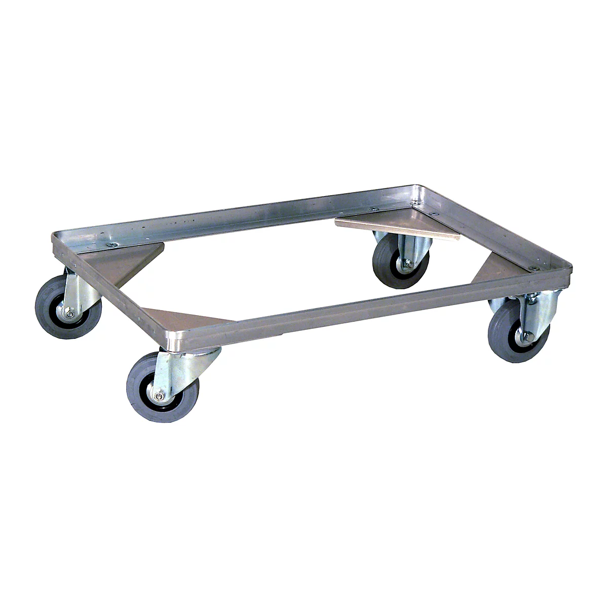 Metalen frame met vier wielen. Het dient als basis, waarschijnlijk voor een transportcontainer.