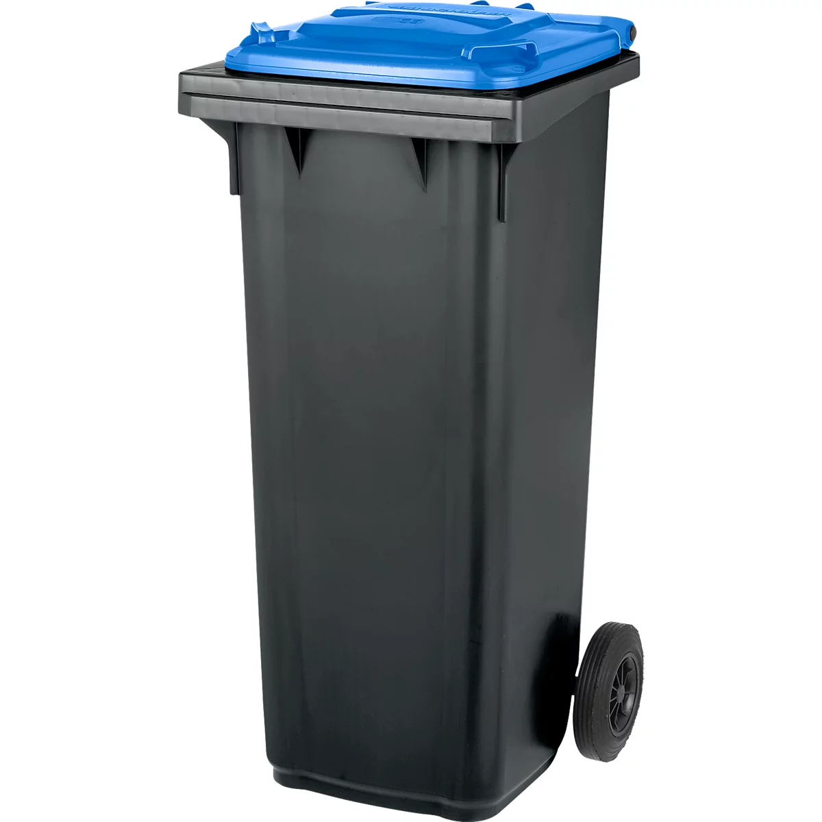 Black trash can with blue lid, against a white background. A wheel is attached to the side.