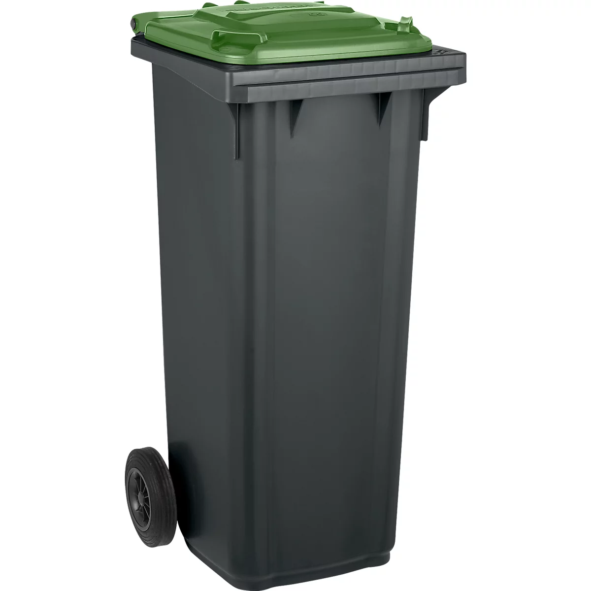 Grey trash can with green lid, one wheel and a handle.
