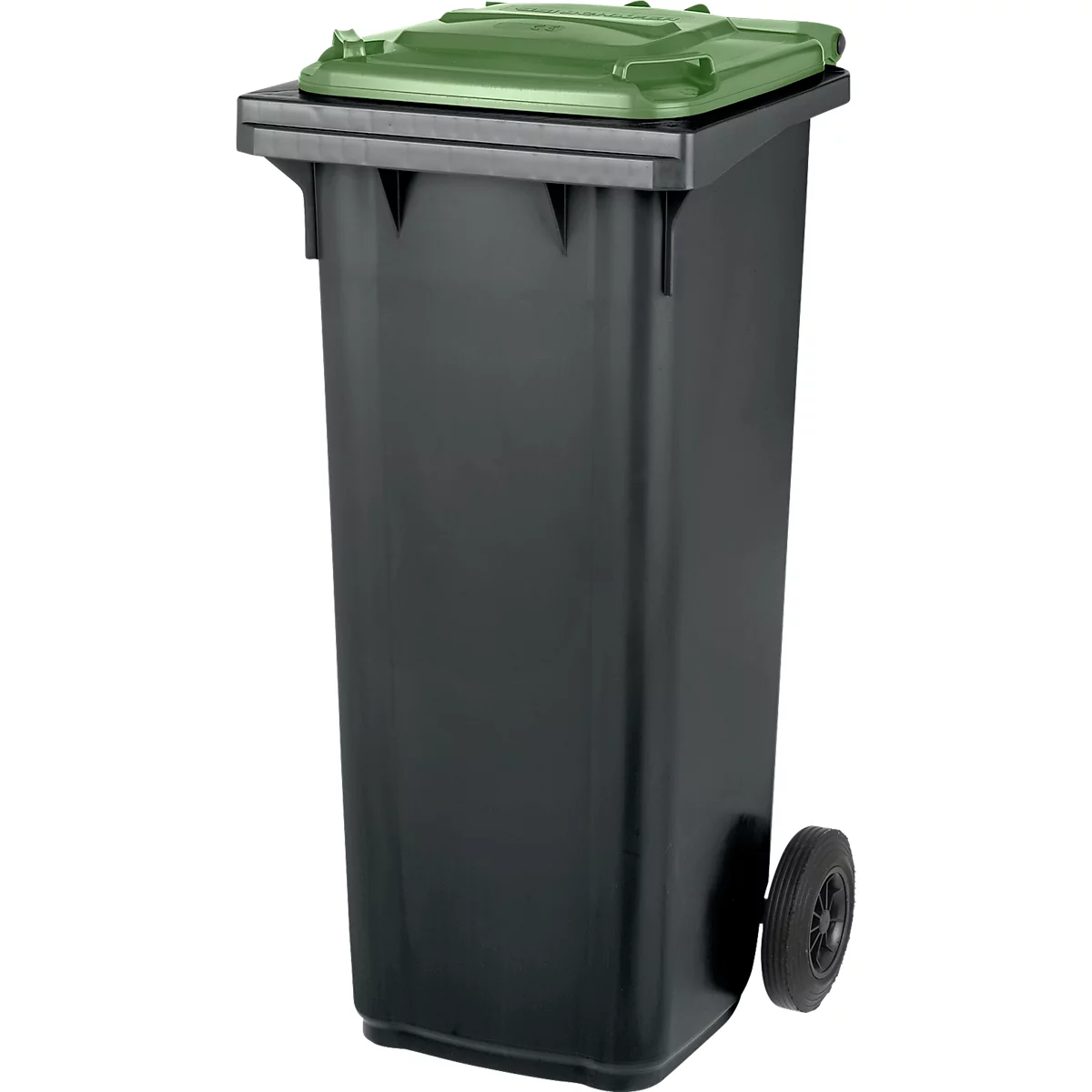 Black trash can with green lid and wheels.