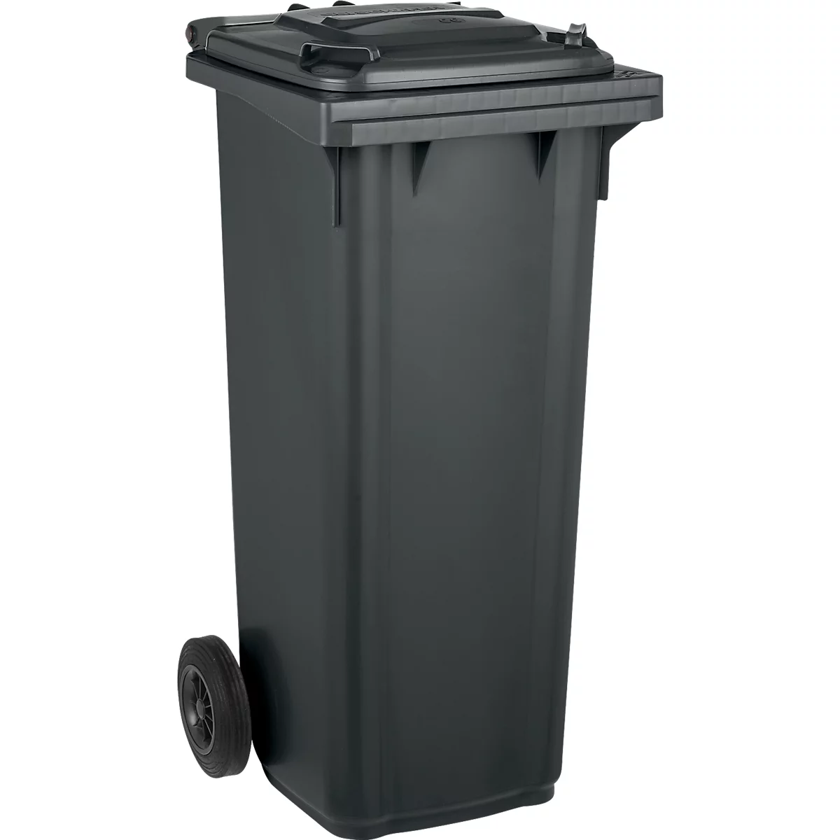 Gray trash can with lid and wheel. On a white background, in detail.