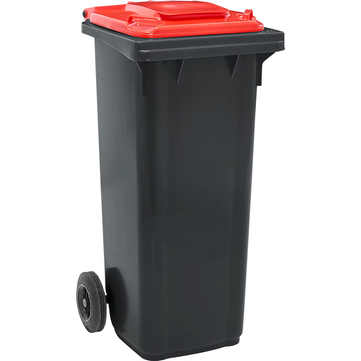 Black trash can with red lid and wheels.