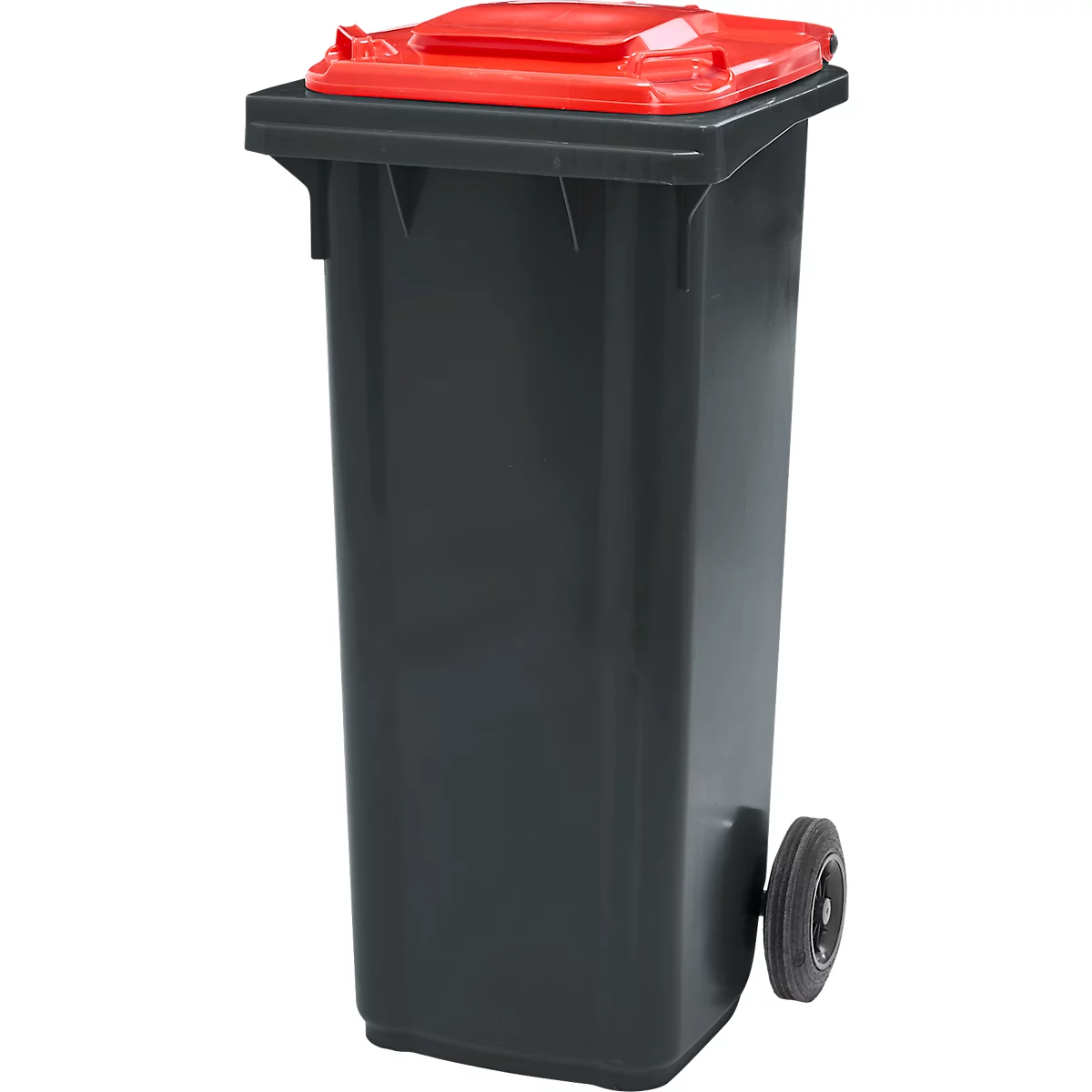 Black trash can with red lid. The bin has wheels and stands against a white background.