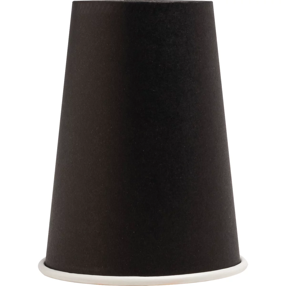 Gobelet en papier noir avec bord blanc. Conique, se rétrécissant de bas en haut.