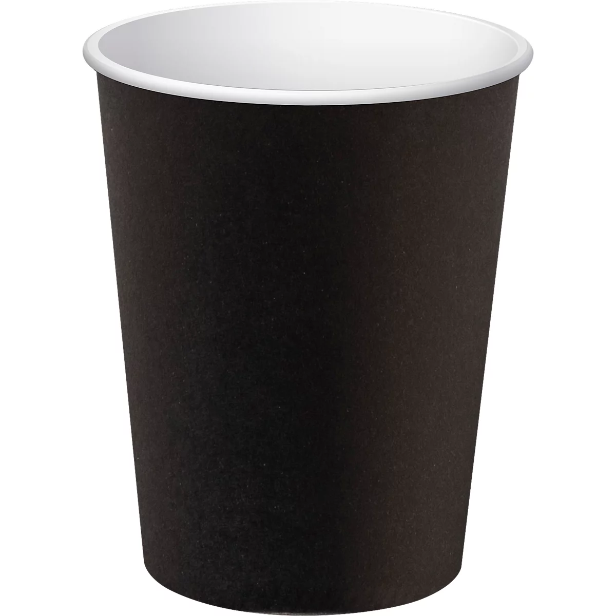 Gobelet en carton noir avec bord et intérieur blancs.