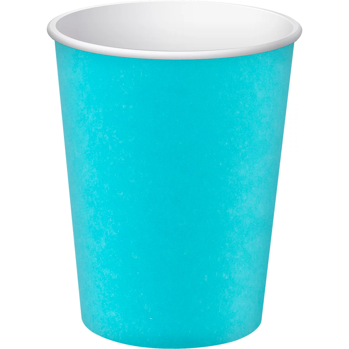 Gobelet en papier bleu clair avec un bord et un intérieur blancs.