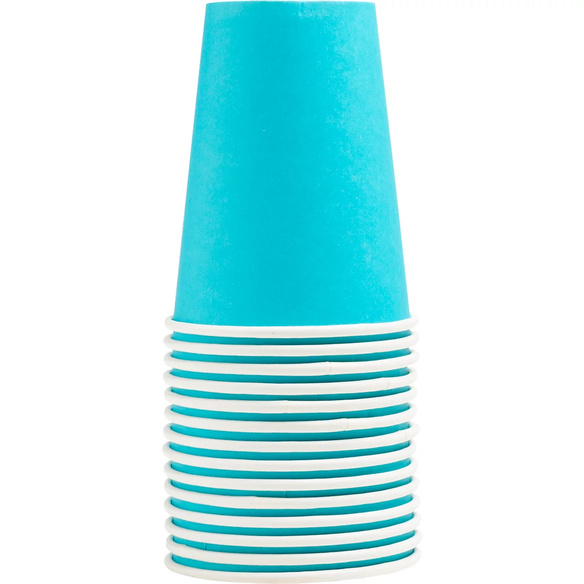 Une pile de gobelets en papier turquoise avec des rebords blancs.