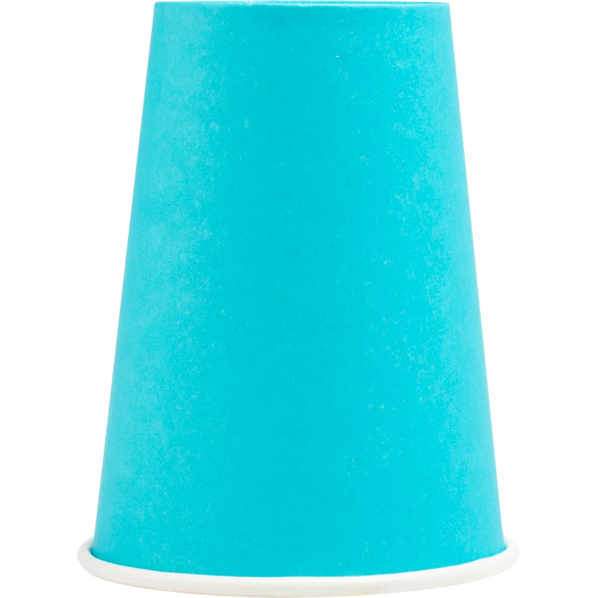 Gobelet en papier bleu clair avec bord blanc. En forme de cône, vide, sur fond blanc.