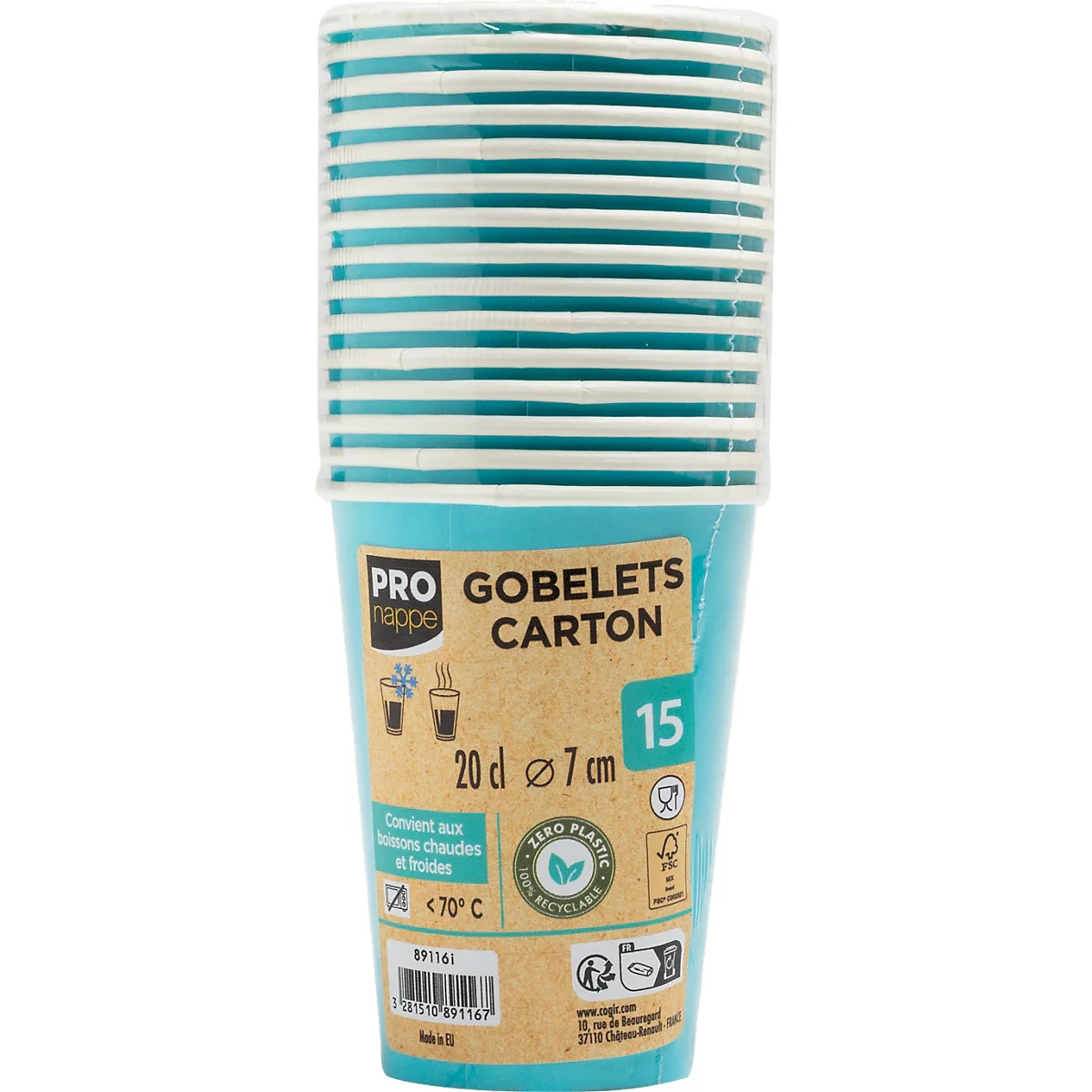 Une pile de gobelets en papier turquoise avec des rayures blanches horizontales. Texte imprimé et logos sur le devant.