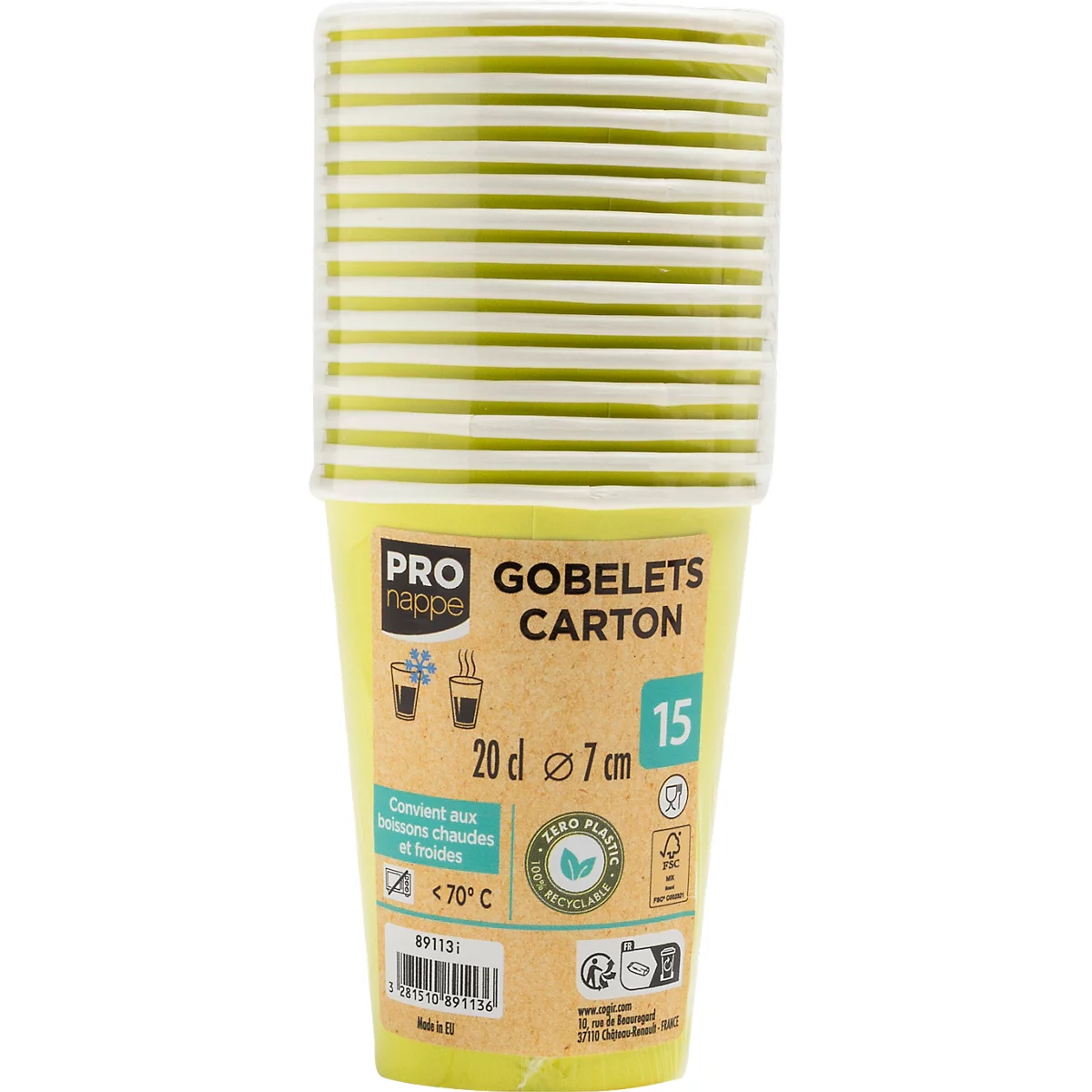 Un empilement de gobelets en carton vert-jaune avec couvercles. Impression : "GOBELETS CARTON, 20 cl, Ø 7 cm, 15".
