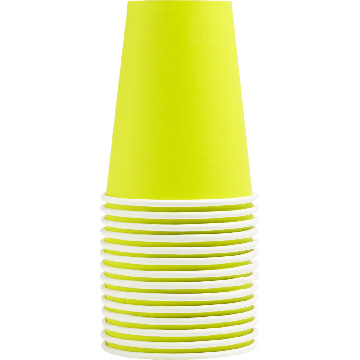 Une pile de gobelets en papier jaune vif avec des bords blancs. Le gobelet du dessus est droit.