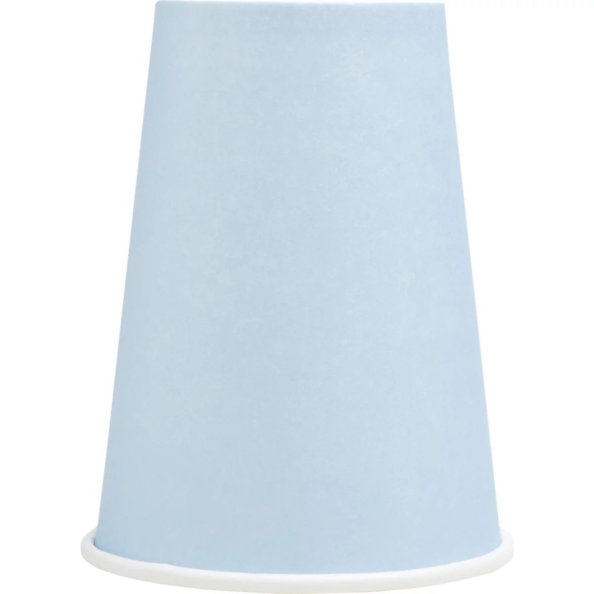 Gobelet en papier bleu clair, bord blanc.