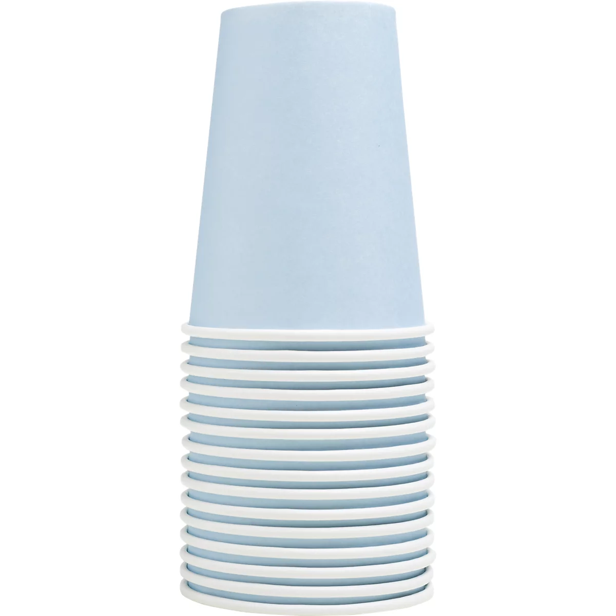 Pile de gobelets en papier bleu clair avec bord blanc.