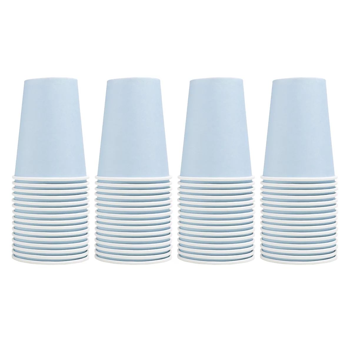 Quatre piles de gobelets en papier bleu clair sur fond blanc.