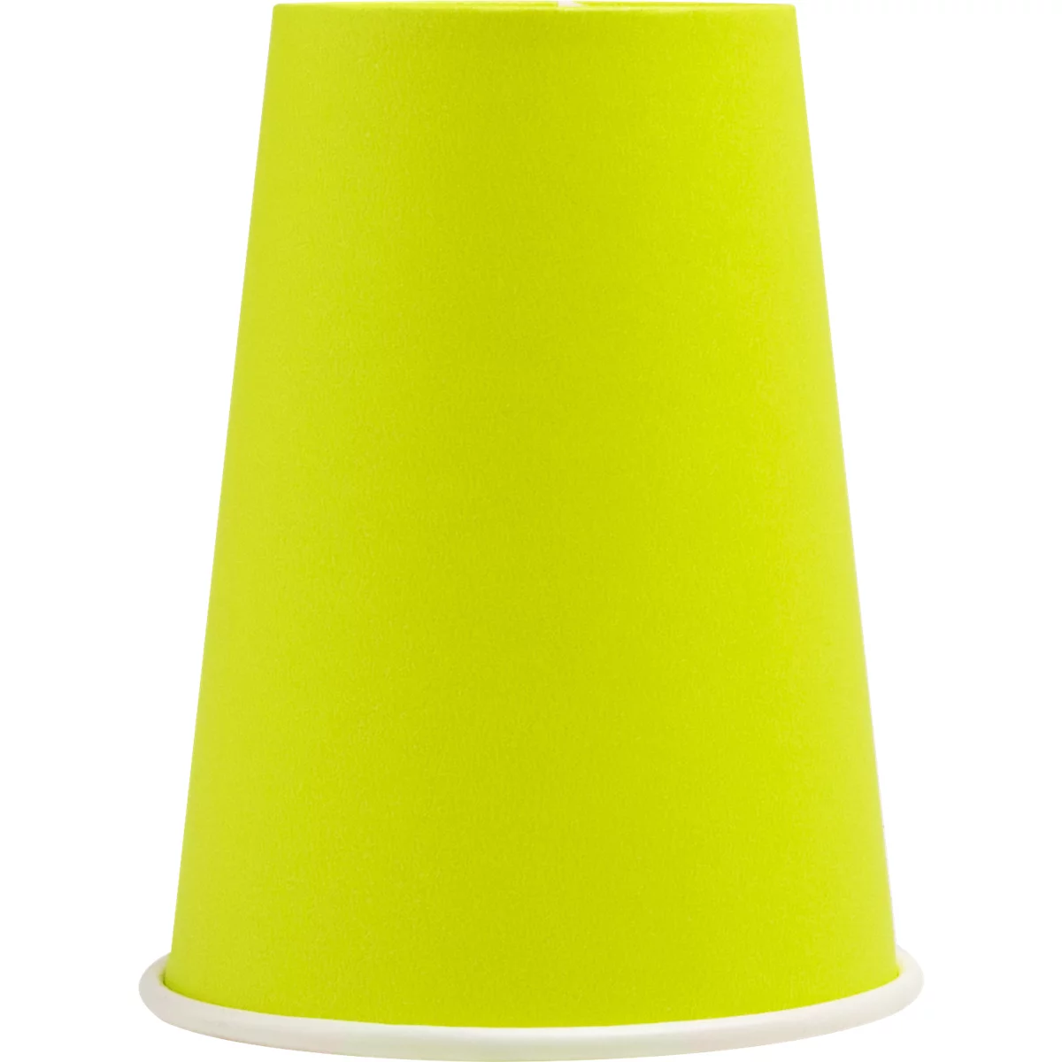 Gobelet en papier vert vif, conique, avec un bord blanc.
