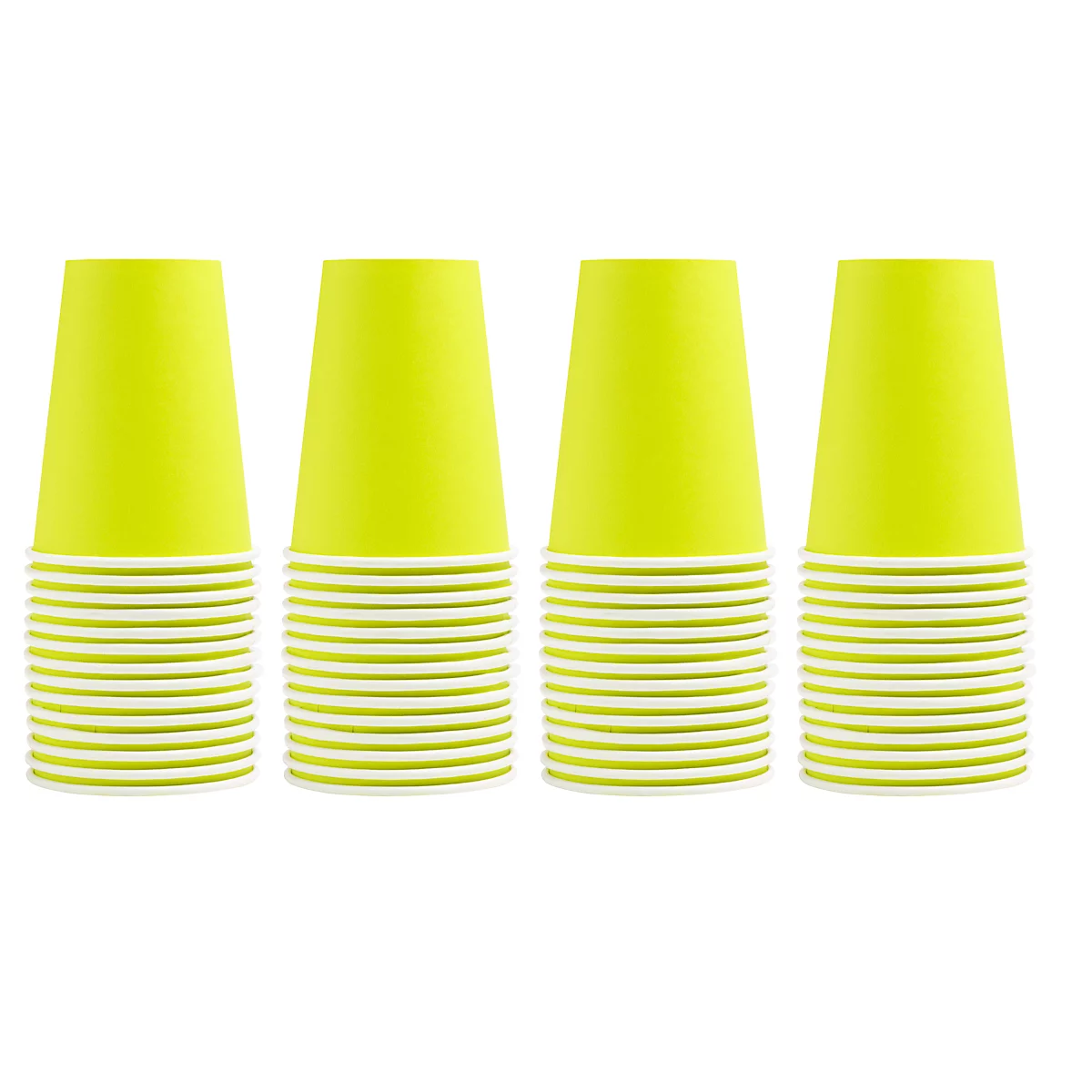 Quatre gobelets en papier vert avec des rebords blancs, empilés. La partie supérieure des gobelets est jaune-vert, le bas est blanc.