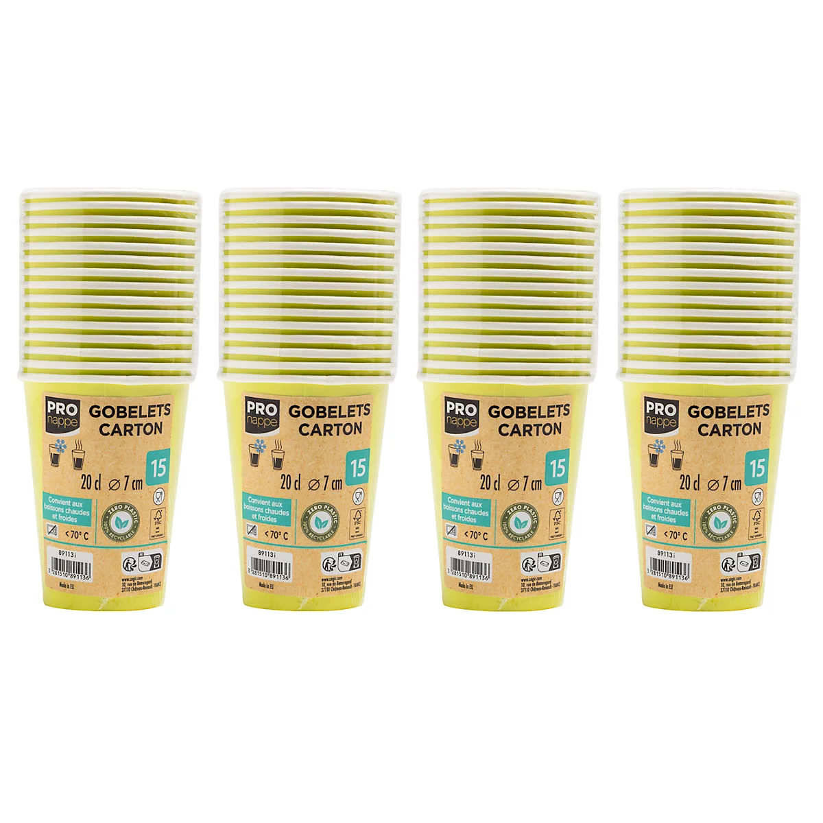 Quatre gobelets en carton empilés avec des rayures jaunes. Sur chaque gobelet, il est écrit "PRO GOBELETS CARTON" et le nombre "15".